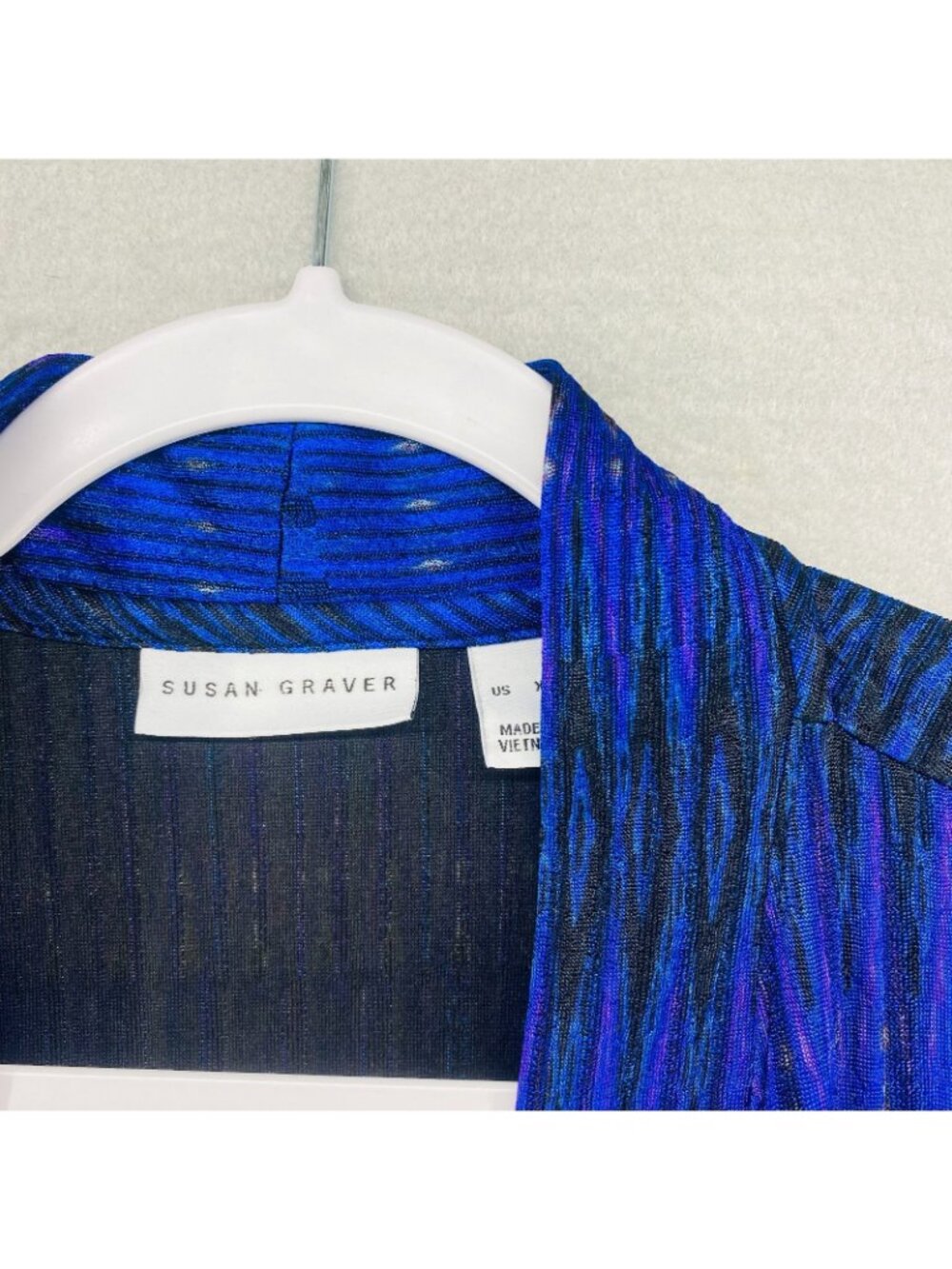 Susan Graver Liquid Knit Sweate XL Purple Blue Stretch Abstract Open Cardigan - Picture 6 of 14
